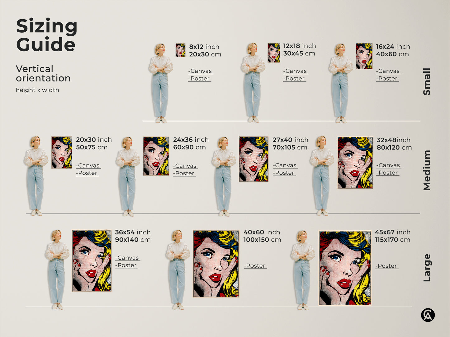 Sizing guide for Pop Art Woman artwork. Visualize vertical orientation options in various sizes. Options include canvas and poster prints. Find the perfect fit for your space with our detailed size comparisons and transform your living space now