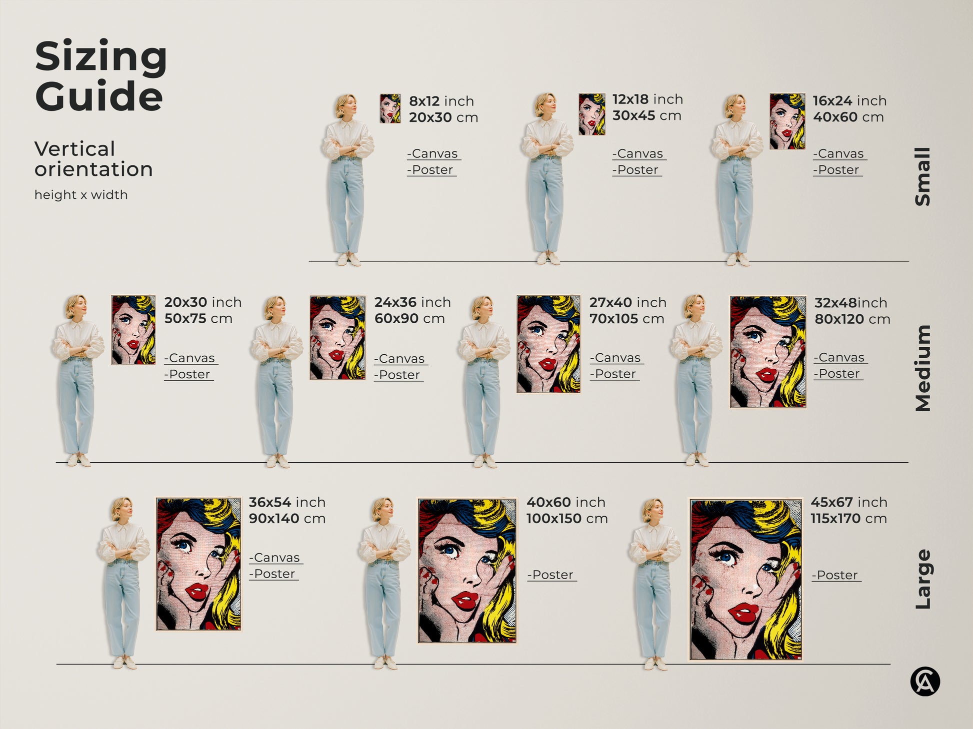 Sizing guide for Pop Art Woman artwork. Visualize vertical orientation options in various sizes. Options include canvas and poster prints. Find the perfect fit for your space with our detailed size comparisons and transform your living space now