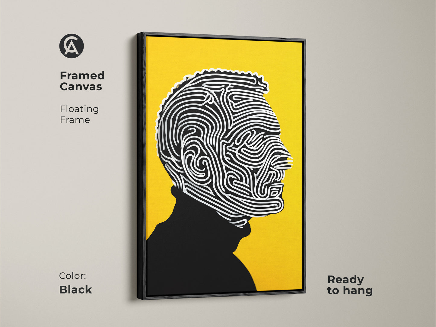 Framed canvas art with a floating frame. The artwork features a yellow backdrop. It is contrasted by a black and white line art portrait. The frame is black. This ready-to-hang artwork adds a touch of elegance to any room. Enhance your home decor today.