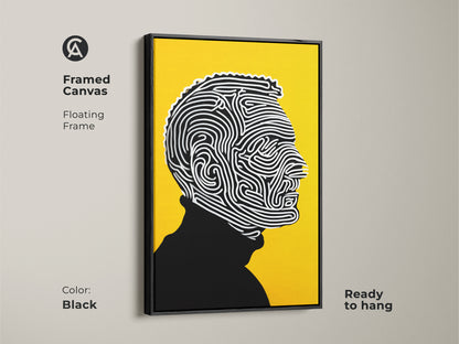 Framed canvas art with a floating frame. The artwork features a yellow backdrop. It is contrasted by a black and white line art portrait. The frame is black. This ready-to-hang artwork adds a touch of elegance to any room. Enhance your home decor today.