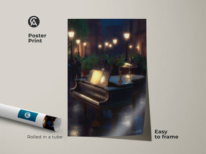 This easy-to-frame Grand Piano Poster Print captures a rainy night cityscape in a cinematic style. The romantic music artwork arrives rolled in a tube ready to bring eclectic charm to your decor.