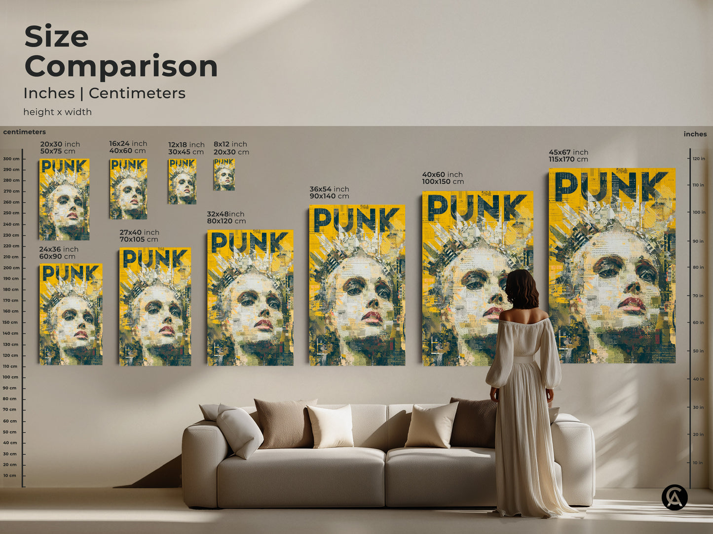 This size comparison chart shows the various sizes available. Find the perfect size for your space. The artwork features a woman with a crown. The art style has a Punk aesthetic. It is available as framed art or on canvas.