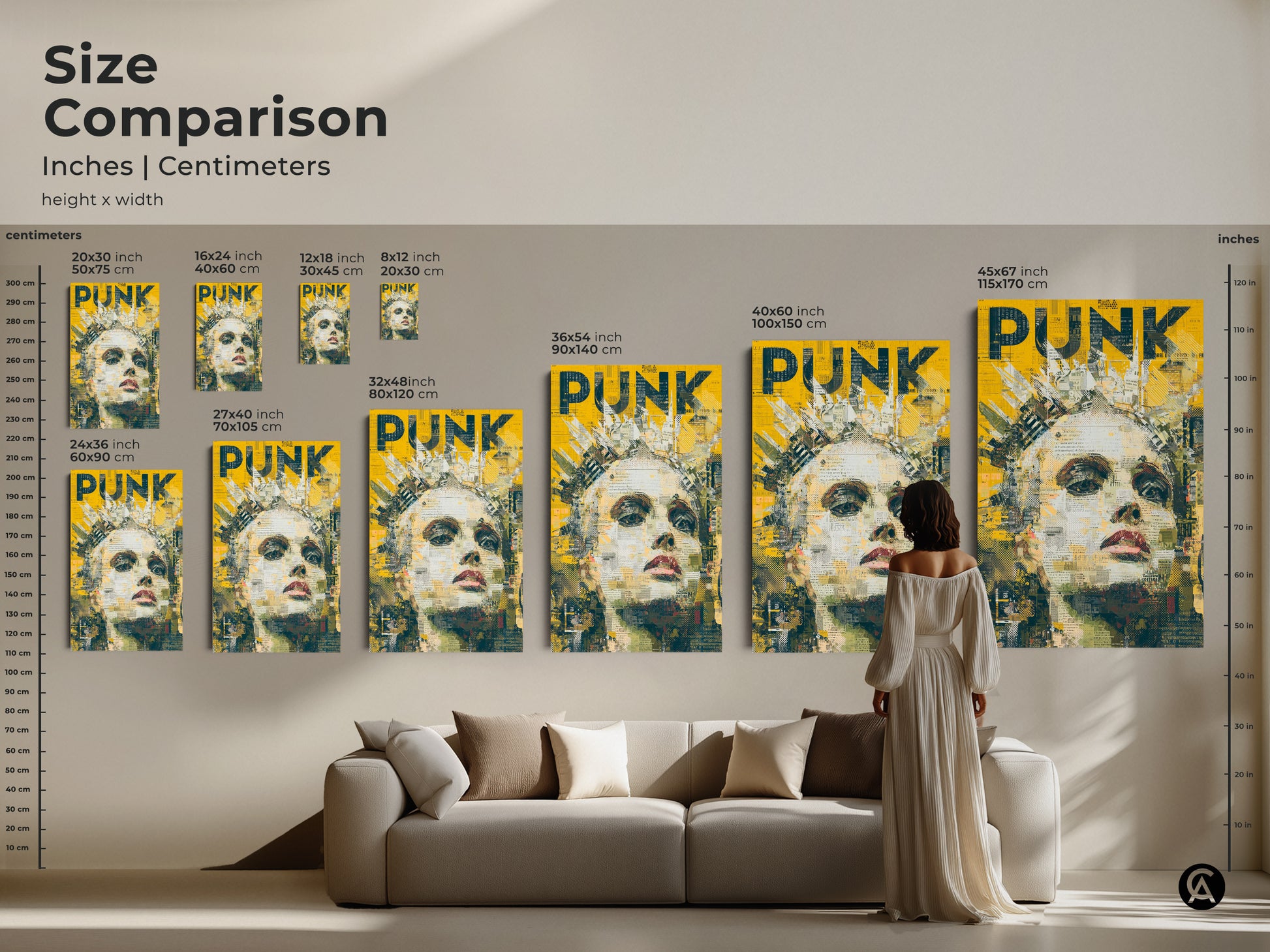 This size comparison chart shows the various sizes available. Find the perfect size for your space. The artwork features a woman with a crown. The art style has a Punk aesthetic. It is available as framed art or on canvas.