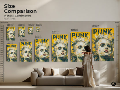 This size comparison chart shows the various sizes available. Find the perfect size for your space. The artwork features a woman with a crown. The art style has a Punk aesthetic. It is available as framed art or on canvas.