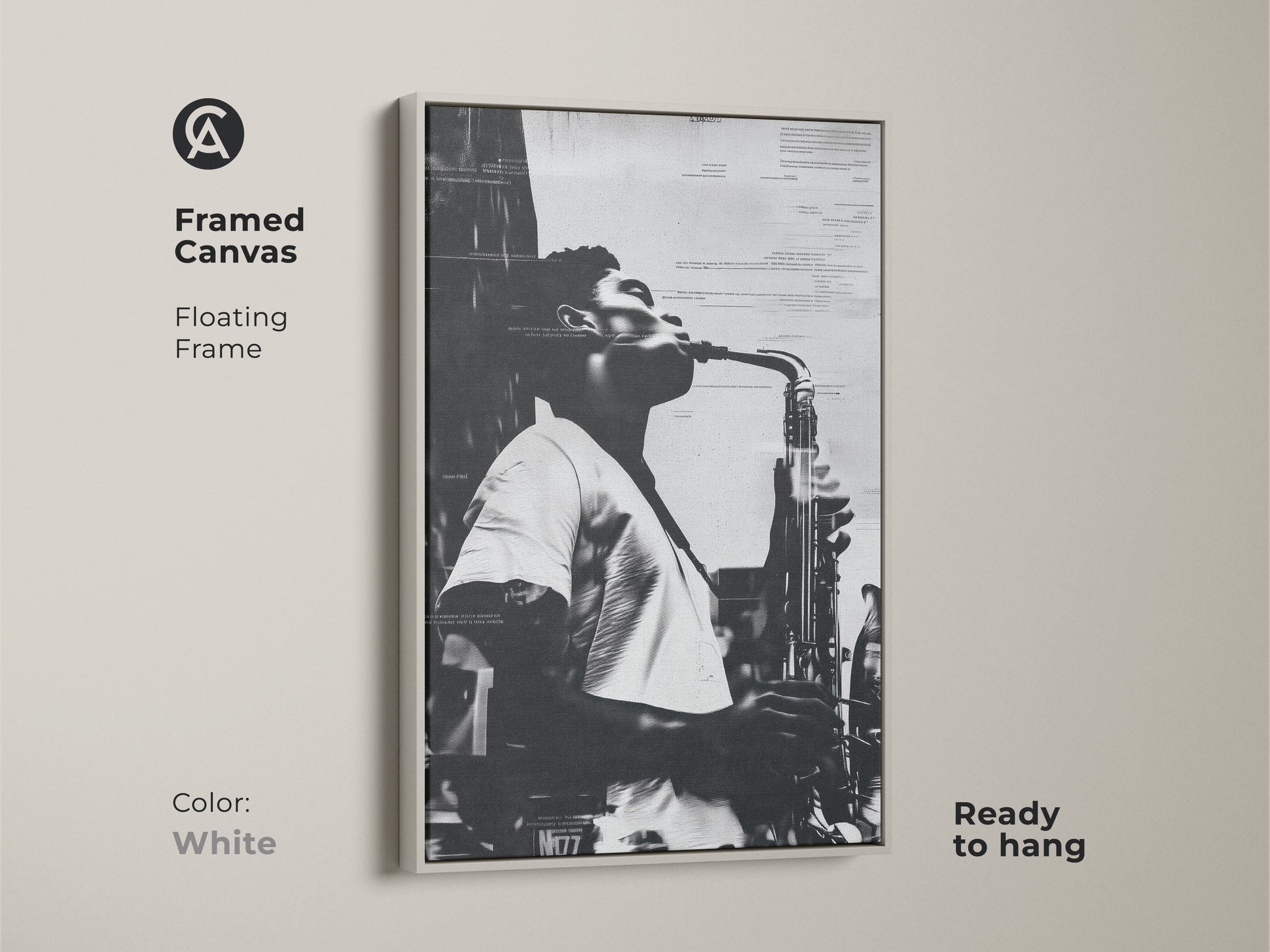 Framed canvas artwork featuring a musician playing saxophone. The white floating frame offers a clean modern look. This black and white musical art is ready to hang. Ideal for jazz enthusiasts and art collectors.