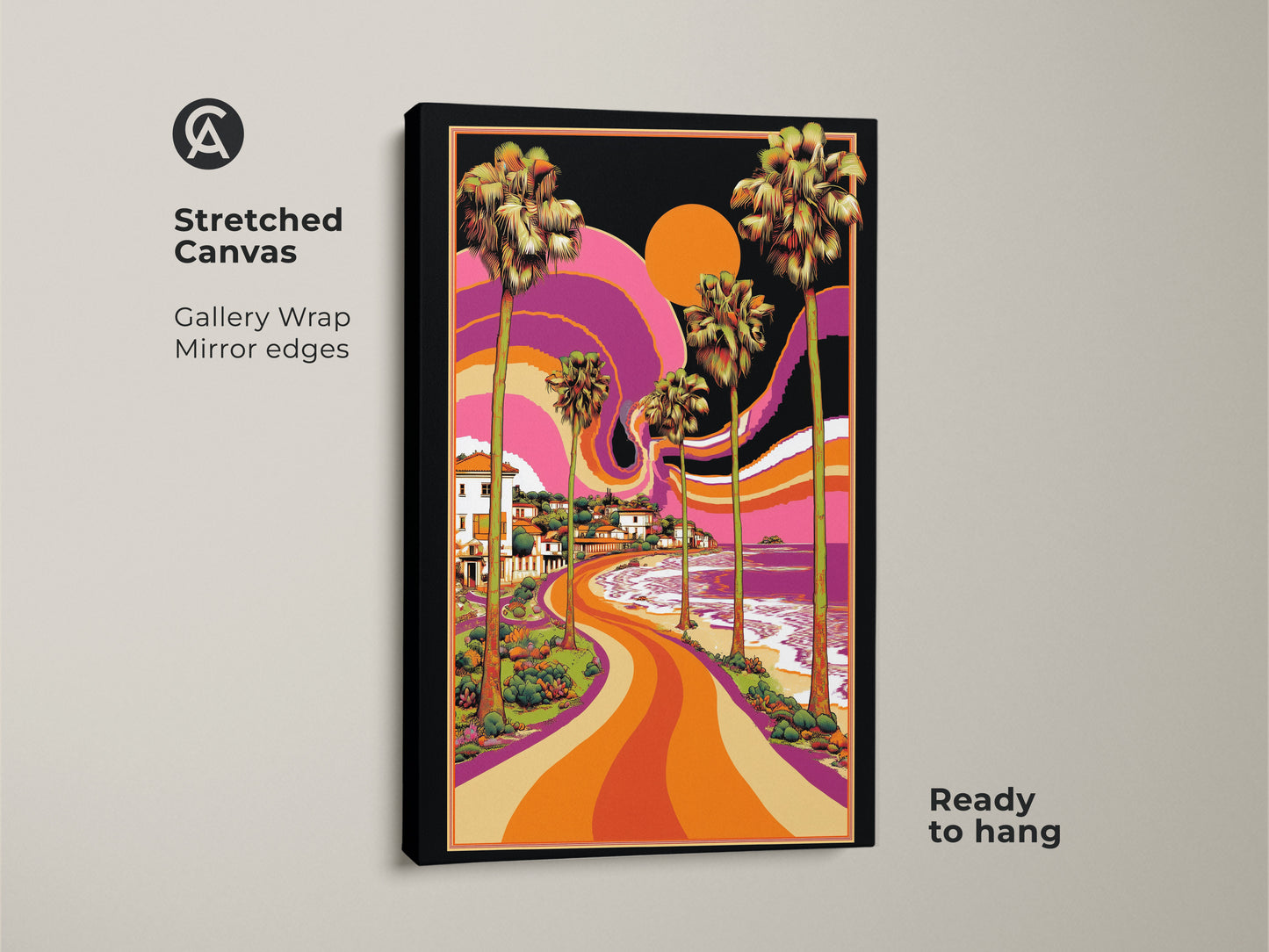 Stretched canvas showcasing psychedelic beach art. The retro coastal landscape includes palm trees and orange purple yellow hues. It is a Ready-to-hang gallery wrap with mirrored edges. Perfect for adding a unique tropical art to any room.