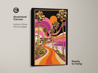 Stretched canvas showcasing psychedelic beach art. The retro coastal landscape includes palm trees and orange purple yellow hues. It is a Ready-to-hang gallery wrap with mirrored edges. Perfect for adding a unique tropical art to any room.