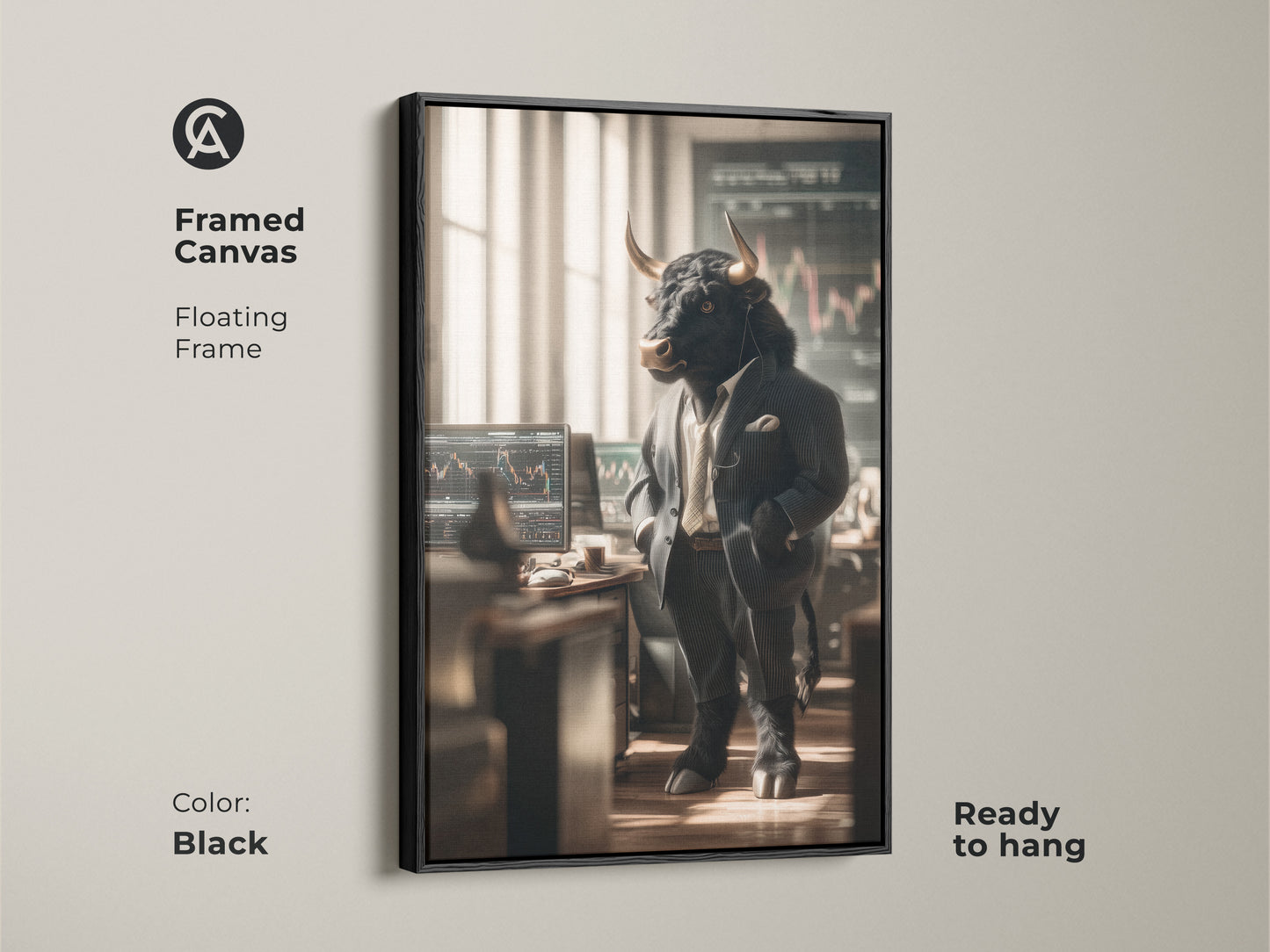 A framed canvas features a bull dressed as a Wall Street trader. The floating black frame enhances the artwork's visual appeal. The art is ready to hang making it easy to decorate any room. It's a sophisticated piece for finance professionals and art lovers.