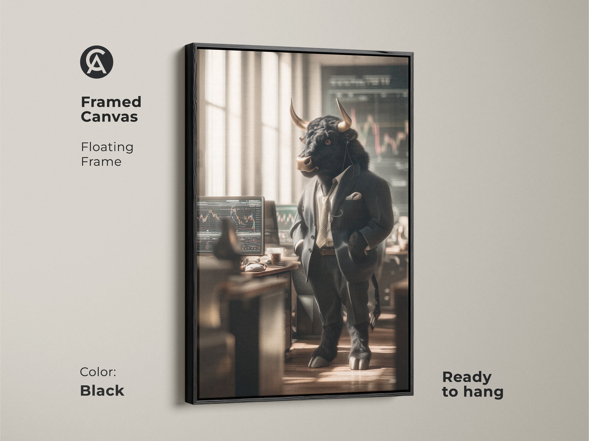 A framed canvas features a bull dressed as a Wall Street trader. The floating black frame enhances the artwork's visual appeal. The art is ready to hang making it easy to decorate any room. It's a sophisticated piece for finance professionals and art lovers.