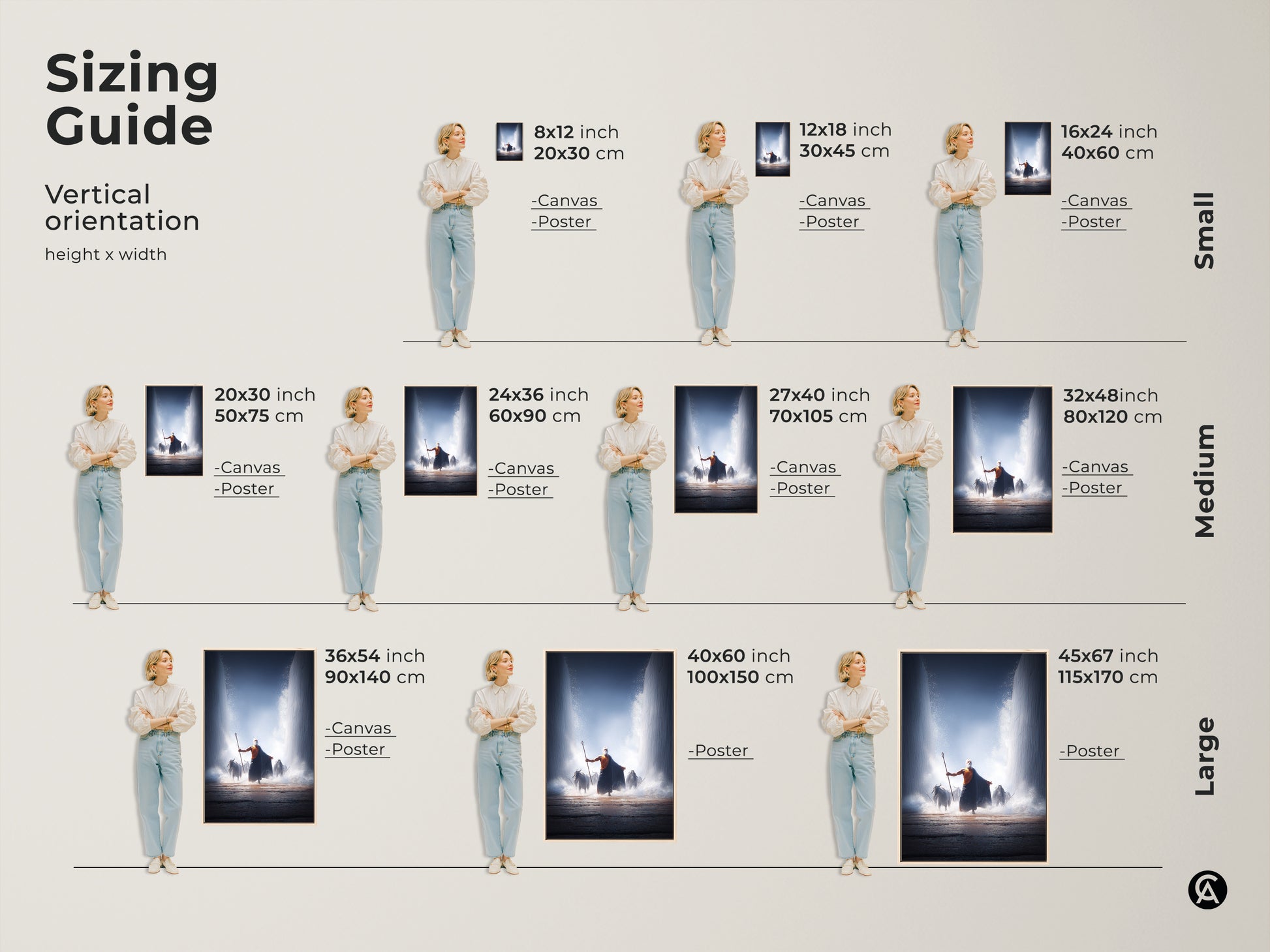 Sizing guide for Moses parting the Red Sea art. Vertical orientation options in small medium and large sizes. Available as canvas or poster prints. Find the perfect fit for your space. This biblical artwork adds a spiritual touch. Perfect for a study room or office. A unique gift for faith collectors to enjoy.