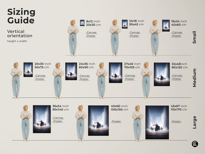 Sizing guide for Moses parting the Red Sea art. Vertical orientation options in small medium and large sizes. Available as canvas or poster prints. Find the perfect fit for your space. This biblical artwork adds a spiritual touch. Perfect for a study room or office. A unique gift for faith collectors to enjoy.