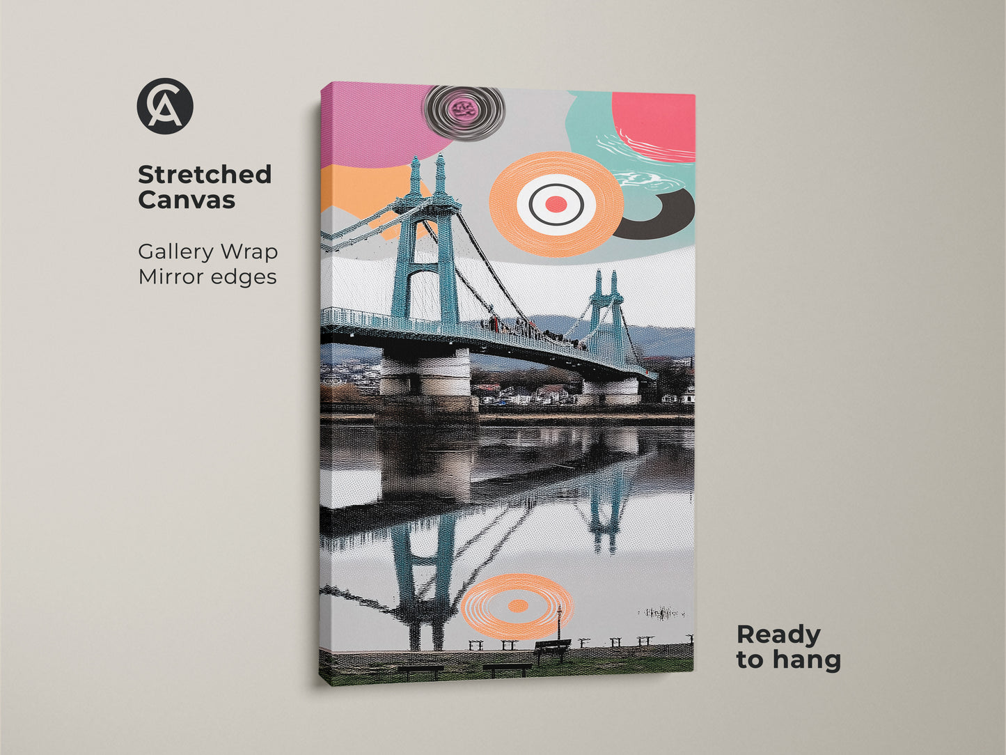 Stretched canvas artwork with gallery wrap mirror edges. The canvas is ready to hang. It features abstract geometric art and an aqua coral suspension bridge print. The modern cityscape wall art is great as contemporary entryway decor. It's a unique art print for the office.
