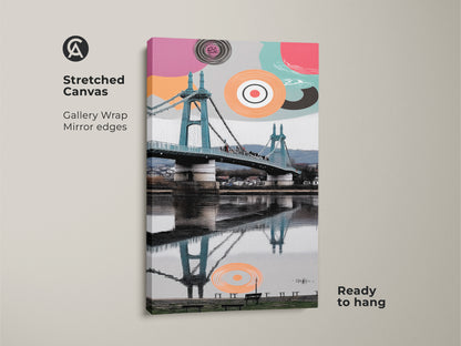 Stretched canvas artwork with gallery wrap mirror edges. The canvas is ready to hang. It features abstract geometric art and an aqua coral suspension bridge print. The modern cityscape wall art is great as contemporary entryway decor. It's a unique art print for the office.