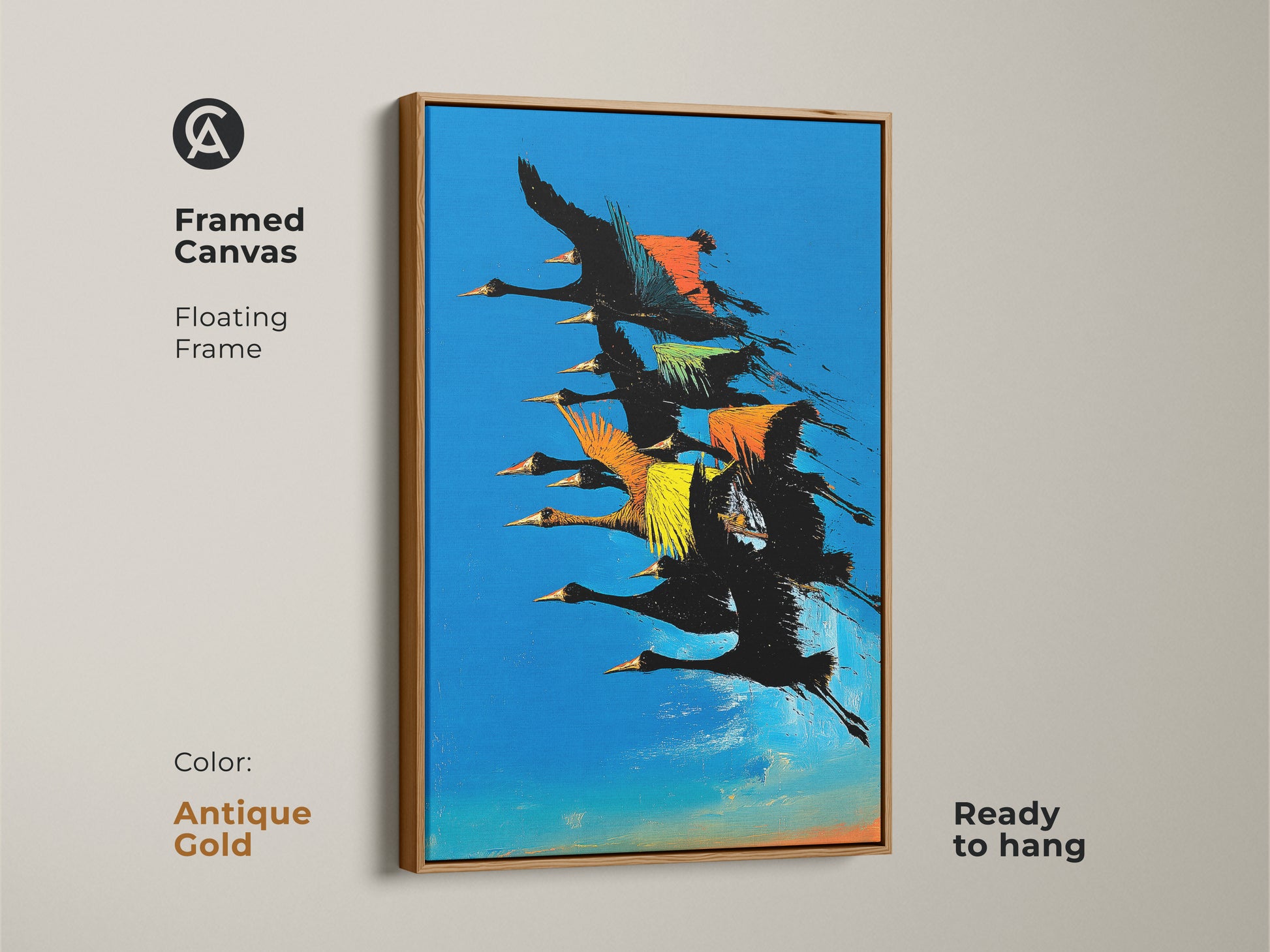 Antique gold framed canvas print featuring contemporary abstract birds. This floating frame is ready to hang offering modern office wall decor featuring a flock of birds in flight with a color splash.