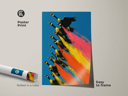 This Geese Art Print is easy to frame. The colorful bird artwork displays a flock of geese in mid-flight. This nature animals wall decor is rolled in a tube. It features an eclectic feather artwork with retro animal wall art style.