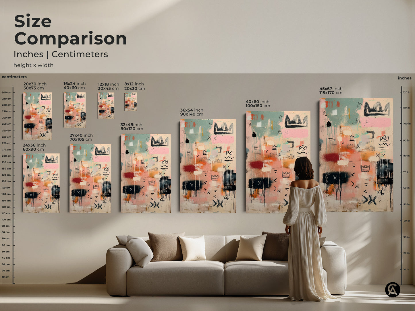 Size comparison of abstract art prints in inches and centimeters. Visualize how different sizes will look in your home. Find the perfect dimensions for your new canvas or poster print. Shop now.