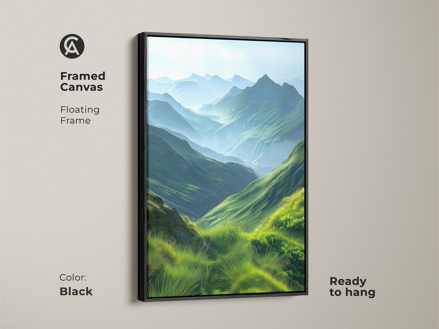 Framed canvas print of an emerald green mountain landscape with a black floating frame. This scenic valley artwork features impressionistic hills. Ready to hang and perfect for nature-inspired bedroom decor. The contemporary piece brings peaceful outdoor scenery to any living space. A great gift for hikers.