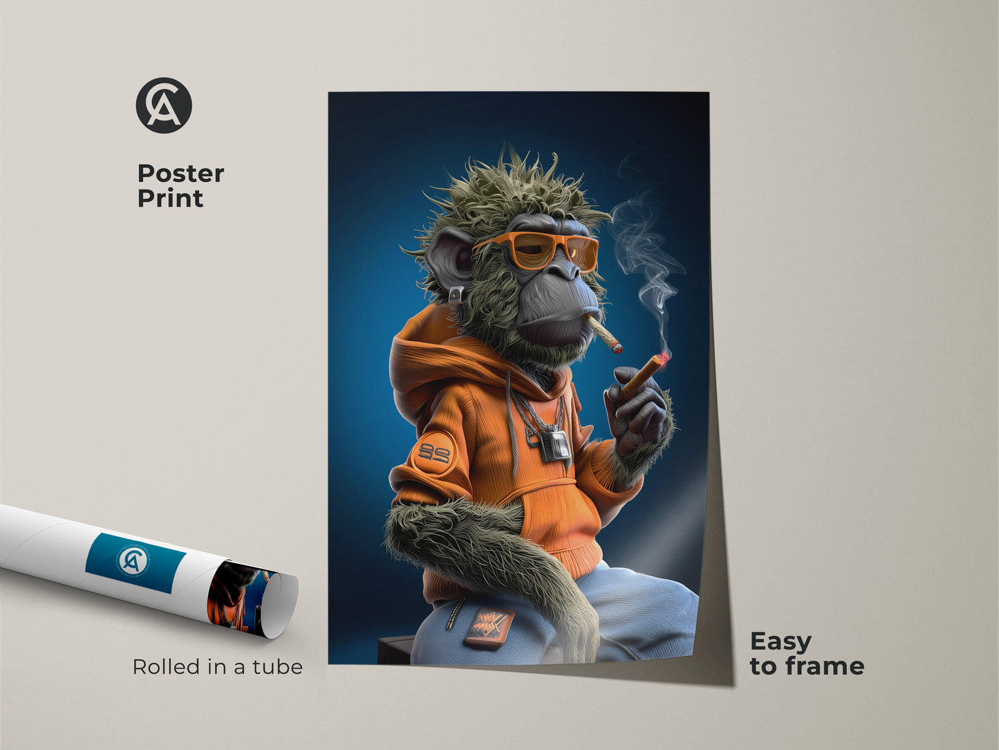 This is a poster print of a graffiti monkey art print. The urban street art canvas features a monkey in an orange hoodie smoking. Its easy to frame. This eclectic home decor is a cool hip hop fan gift rolled in a tube.