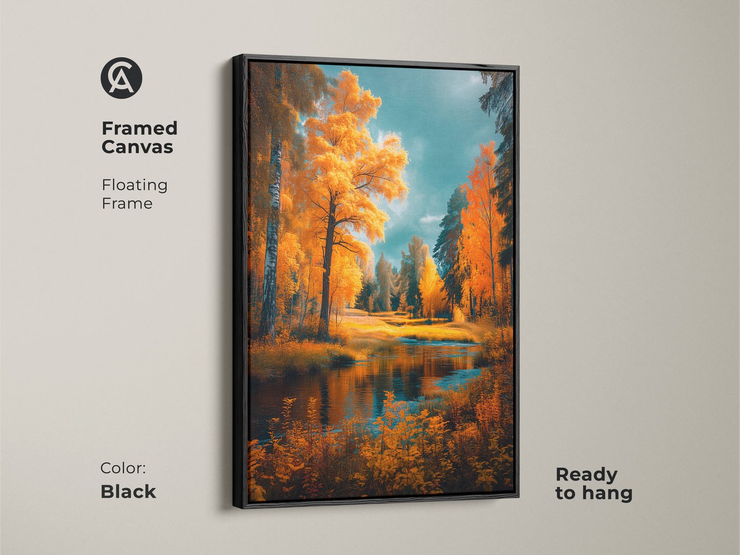 Framed canvas art showcasing a stunning autumn landscape. The floating frame in black enhances the vibrant colors of the fall trees and lake. Ready to hang this artwork brings nature's tranquility to your home. Find the perfect framed art for your space.
