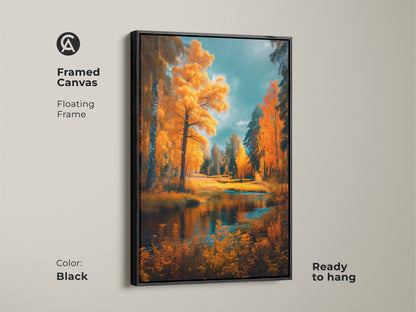 Framed canvas art showcasing a stunning autumn landscape. The floating frame in black enhances the vibrant colors of the fall trees and lake. Ready to hang this artwork brings nature's tranquility to your home. Find the perfect framed art for your space.