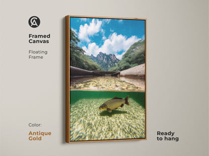 This framed canvas shows a carp swimming underwater with mountains above. The realistic wildlife artwork has a floating antique gold frame. This split view artwork is ready to hang adding a modern nature artwork to any living space. Great as a fisherman gift.