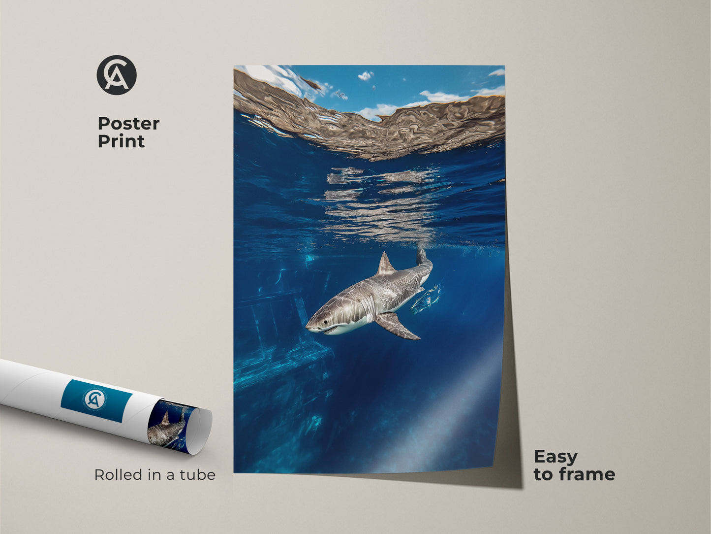 This is a poster print of an underwater Great White Shark in its deep blue natural habitat. The marine life artwork is easy to frame. It's a perfect coastal home decor print gift for wildlife enthusiasts who love aquatic animals.