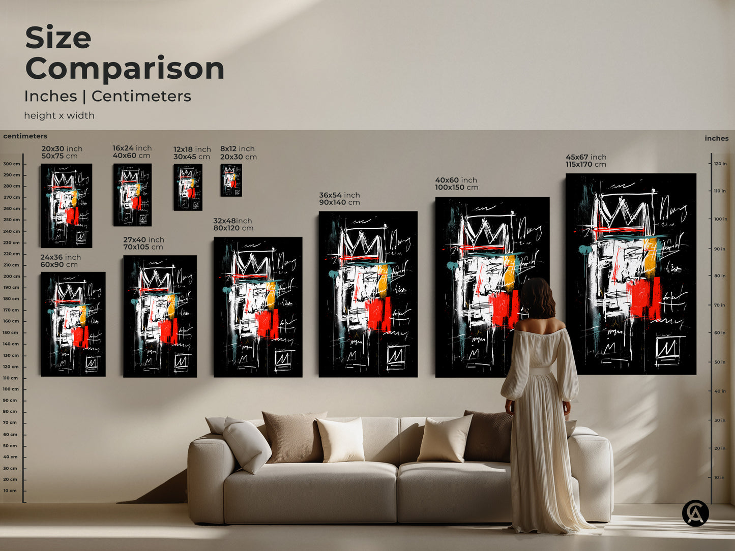 Size comparison of abstract crown art prints in inches and centimeters. See how the artwork complements your living space. Various sizes available to fit any room. Add a touch of modern elegance to your home decor. Choose the perfect size for your canvas or poster print.
