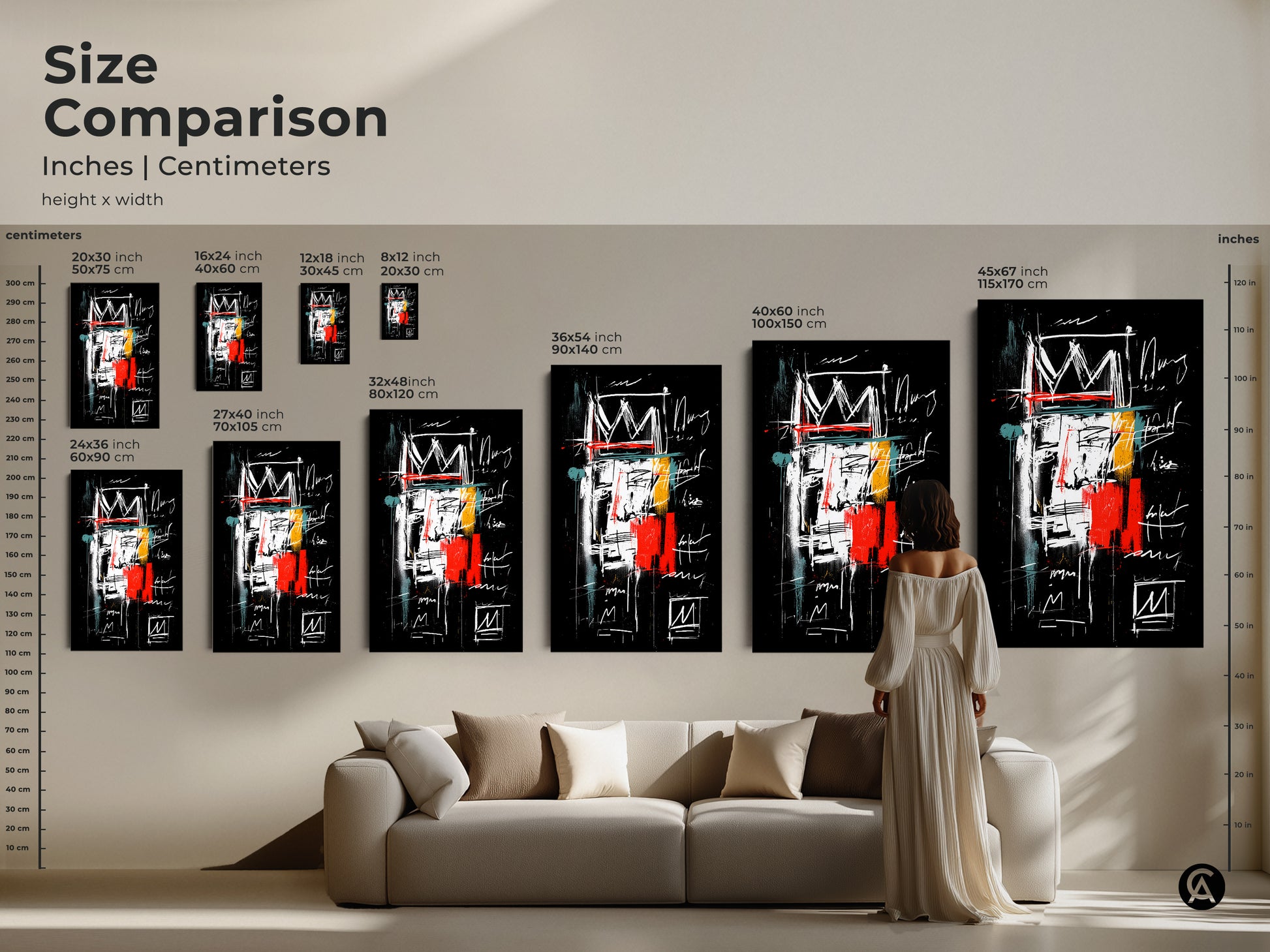 Size comparison of abstract crown art prints in inches and centimeters. See how the artwork complements your living space. Various sizes available to fit any room. Add a touch of modern elegance to your home decor. Choose the perfect size for your canvas or poster print.