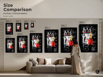 Size comparison of abstract crown art prints in inches and centimeters. See how the artwork complements your living space. Various sizes available to fit any room. Add a touch of modern elegance to your home decor. Choose the perfect size for your canvas or poster print.
