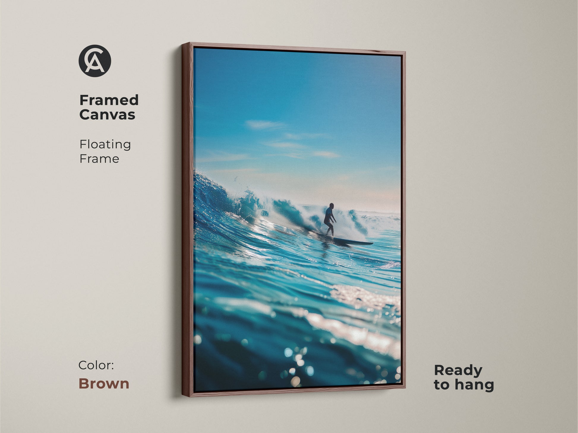 This framed canvas artwork features a surfer gracefully riding a stunning blue wave. The brown floating frame complements the ocean scene. This ready to hang print brings the beauty of the surf into your home. Ideal for surf art collectors.