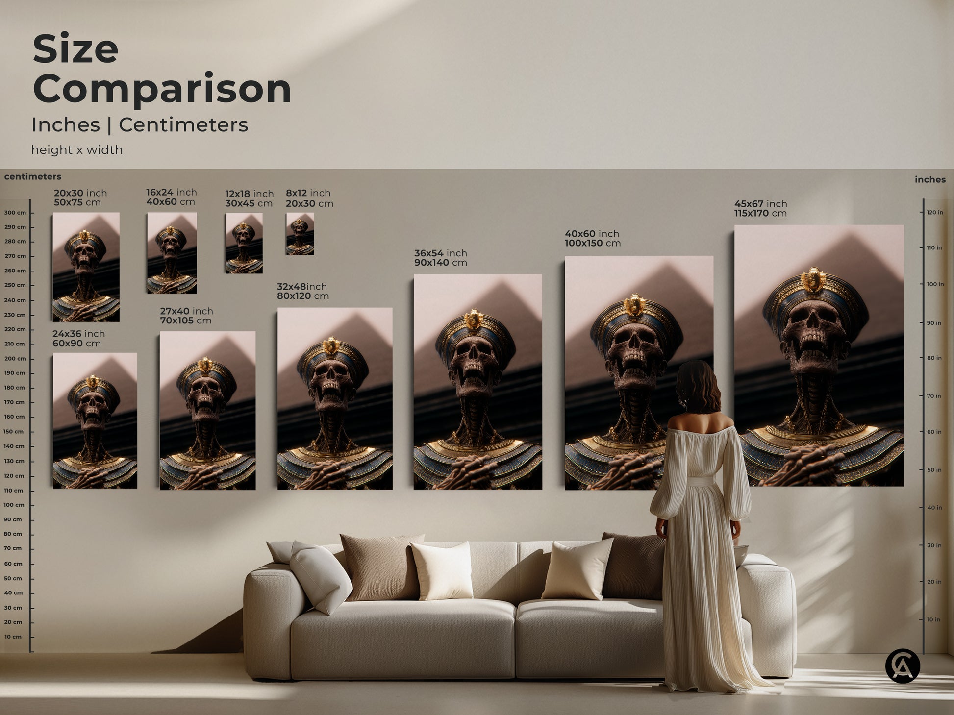 Size comparison guide for pharaoh skeleton art. View the artwork from 16x24 to 45x67 inches. See how each canvas and poster print fits above a sofa. Ideal for decorating living rooms studies and man caves. Choose the perfect scale for your ancient Egypt themed art.