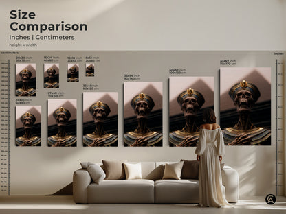 Size comparison guide for pharaoh skeleton art. View the artwork from 16x24 to 45x67 inches. See how each canvas and poster print fits above a sofa. Ideal for decorating living rooms studies and man caves. Choose the perfect scale for your ancient Egypt themed art.