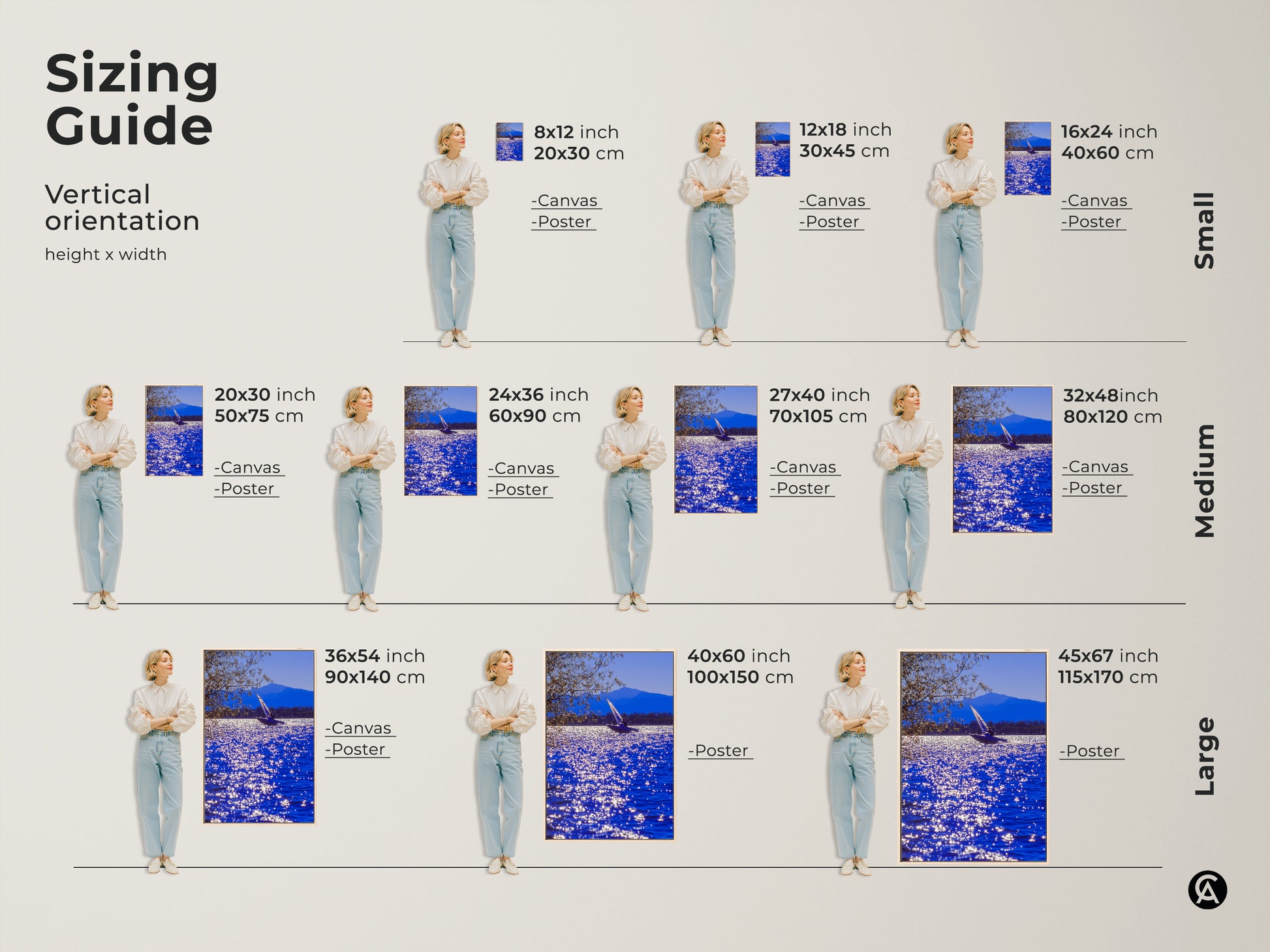 Sizing guide for sailboat art prints on canvas and poster. Visualize small medium and large sizes in a vertical orientation. The artwork features deep blue water and a mountain range. It's perfect for any contemporary coastal home.