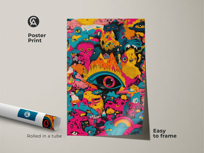 Psychedelic monster art poster print. The artwork features a central eye. Rolled in a tube for easy framing this poster is a vibrant addition to any room. This museum-quality paper showcases the intricate details.  Easy to frame art.