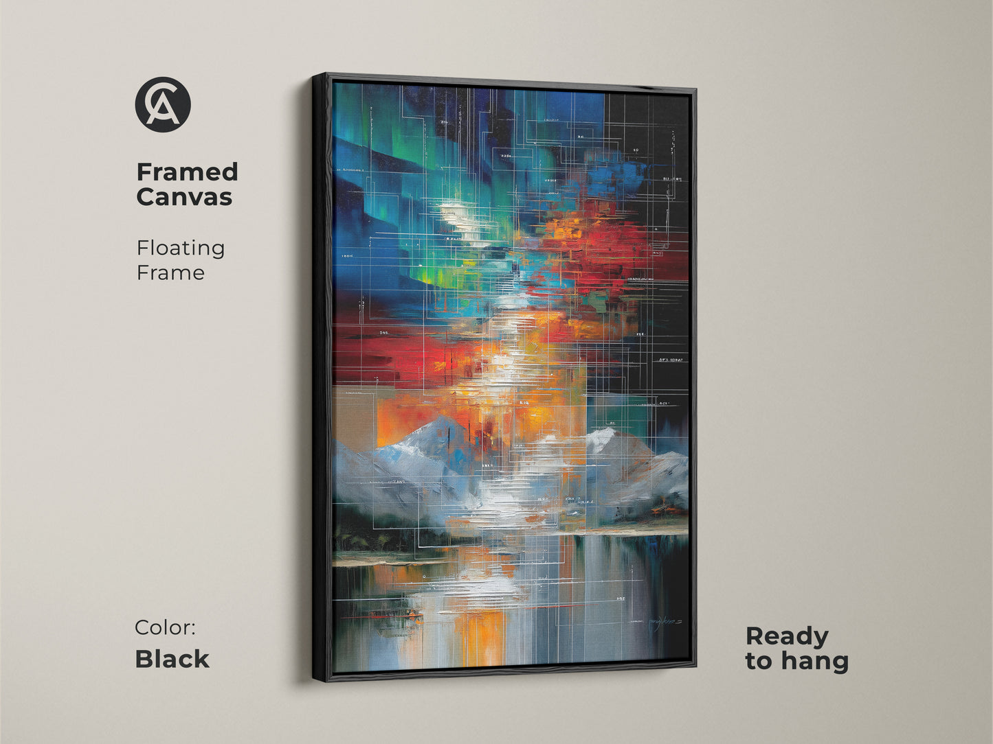 This is a framed canvas of an abstract geometric artwork. It features a mountain lake scene in red green and blue tones. The modern contemporary art has a sleek black floating frame and is ready to hang. This modern artwork will enhance any living room home office or entryway decor.