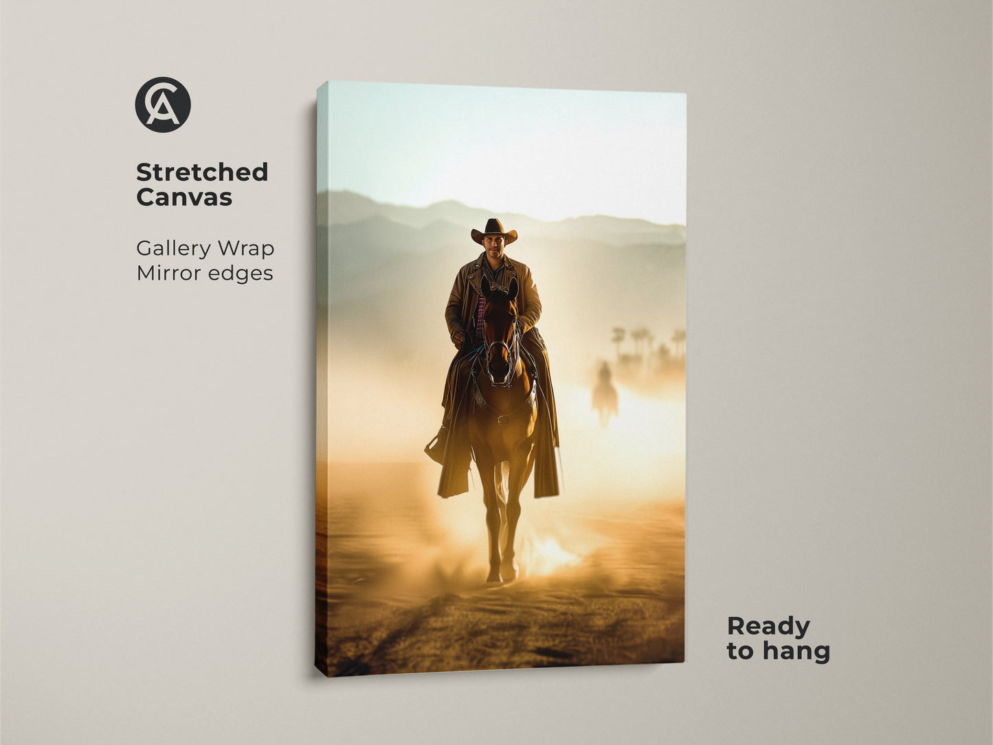 Stretched canvas art of a Western cowboy on horseback. The gallery wrap has mirrored edges creating a museum-quality piece. This tan and brown artwork is ready to hang. A perfect gift for the cowboy or horse lover.
