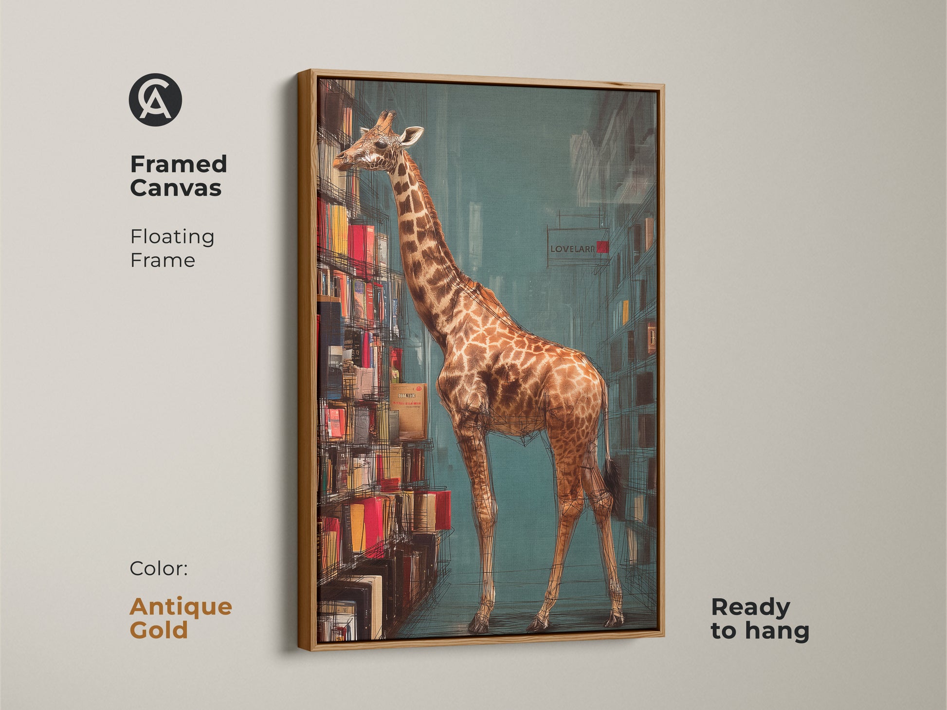 Framed canvas of a giraffe browsing a bookshelf displayed with an antique gold floating frame. This book themed artwork is ready to hang and adds sophistication to any study. It's a great gift for bibliophiles.