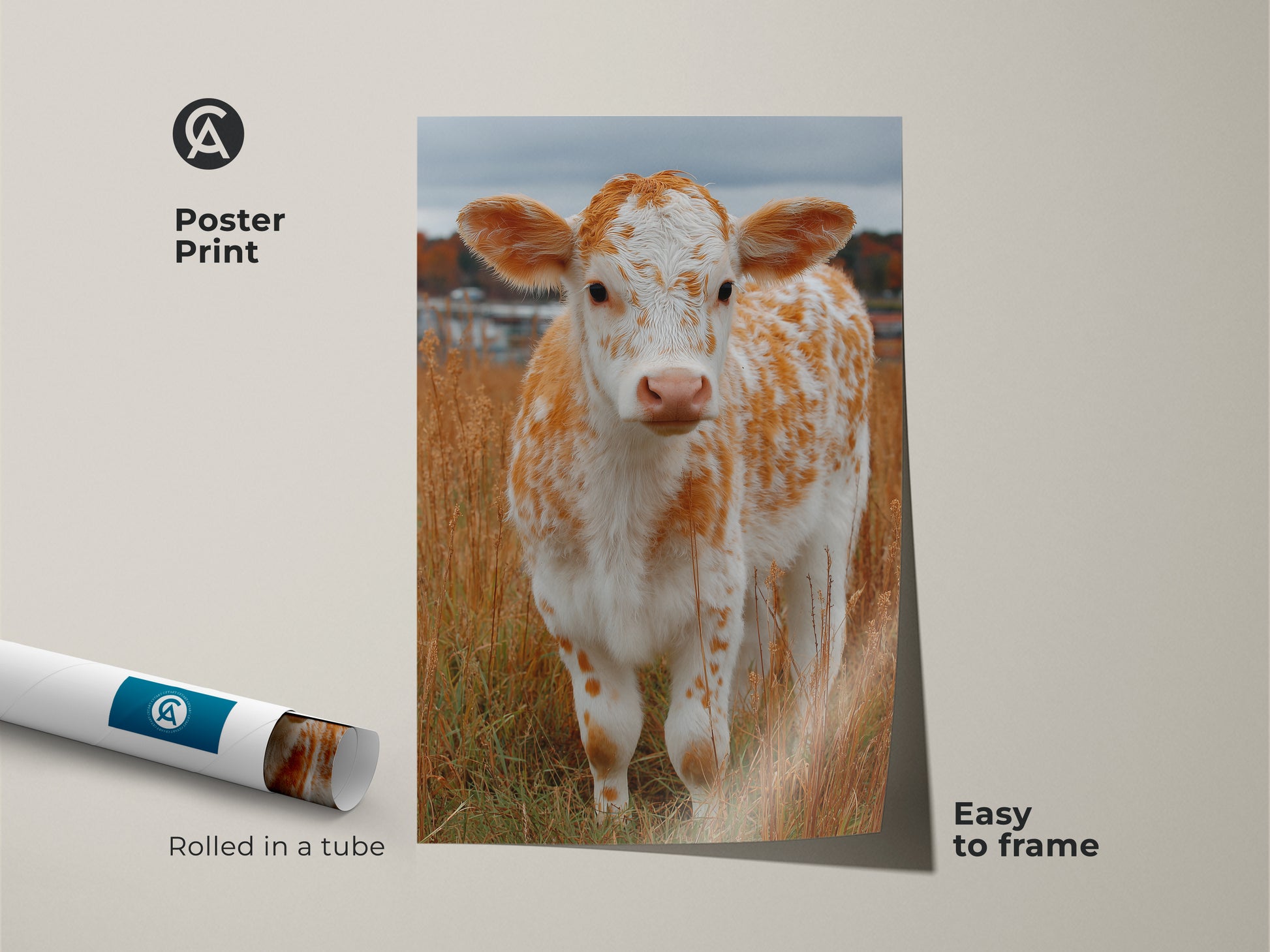 Poster print of a calf standing in a field of tall grass. This animal art print is rolled in a tube for easy framing. The calf is white with orange spots. It is a cute artwork for a nursery or child's room. Get this poster print today.