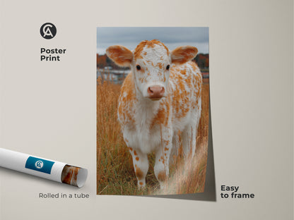 Poster print of a calf standing in a field of tall grass. This animal art print is rolled in a tube for easy framing. The calf is white with orange spots. It is a cute artwork for a nursery or child's room. Get this poster print today.