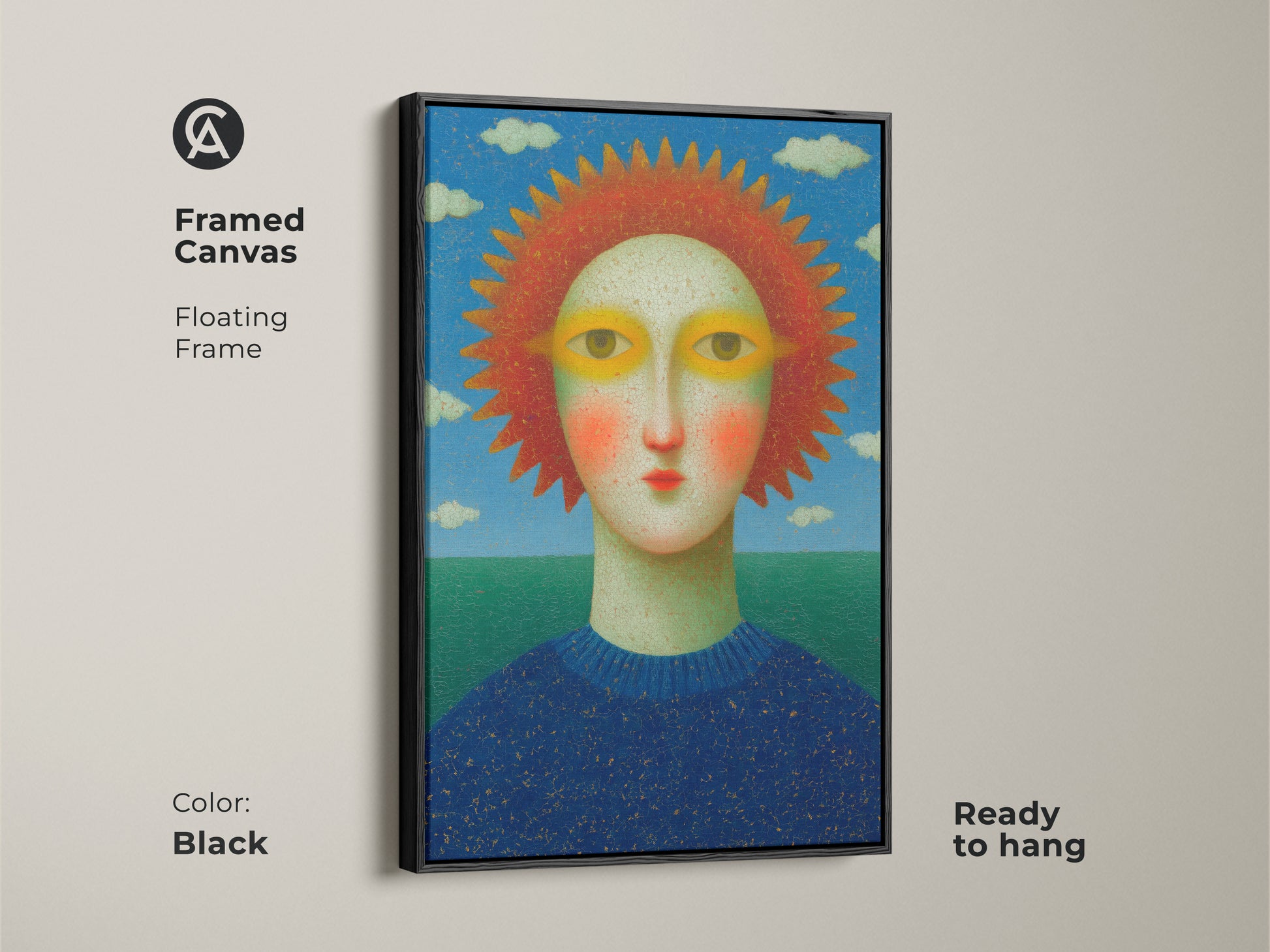 A detailed view of a modern folk artwork print. This surreal sun face is set against a cloudscape. The eclectic blue red and green colors create a vibrant look. This canvas is a unique wall art piece and a great gift for art lovers.