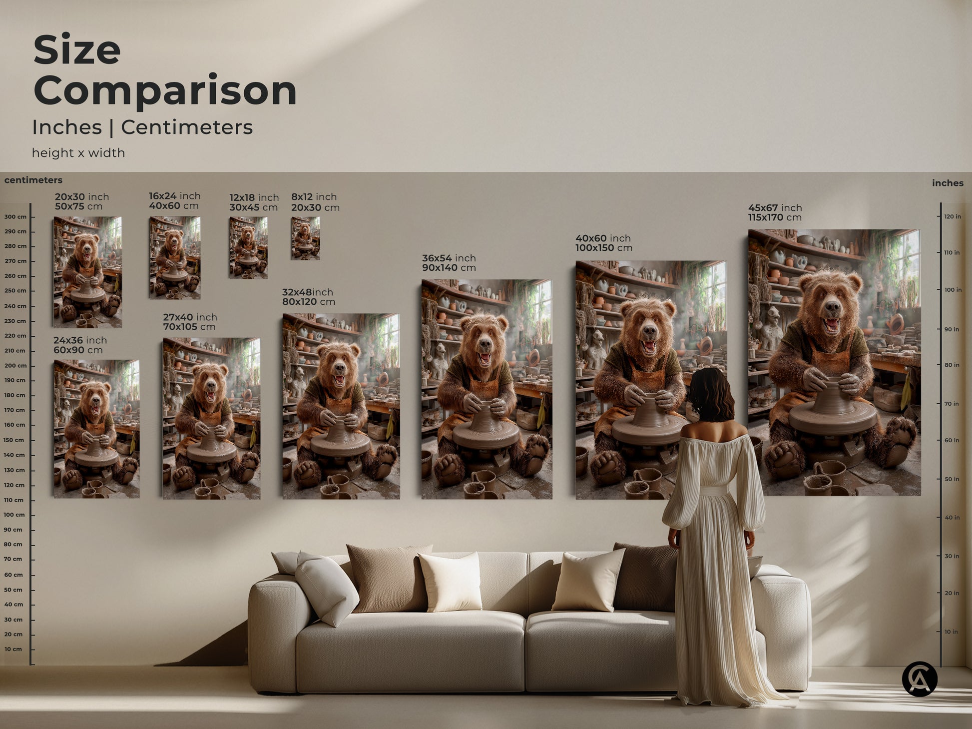 Size comparison of bear pottery wheel art in inches and centimeters. See how the artwork looks in different sizes above a sofa. Visualize the scale of canvas and poster prints. Find the perfect size for your living room or studio space animal making clay or kiln art print.
