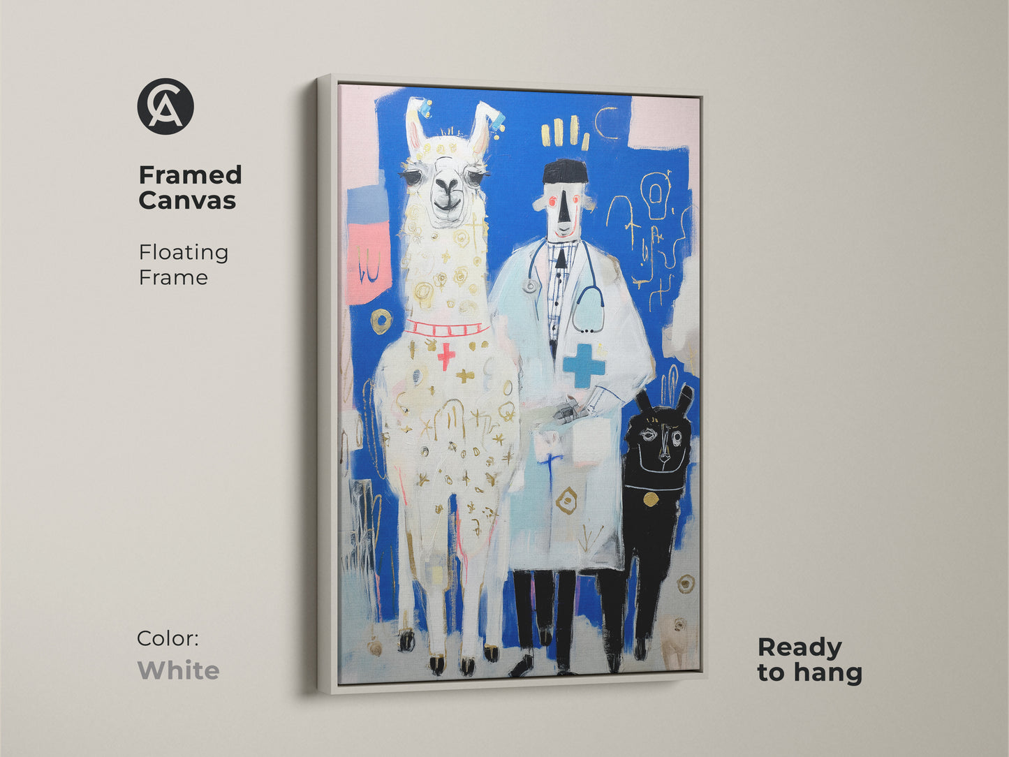 Llama Doctor art print with a white floating frame. This piece is a modern folk art rendition. It’s excellent for adding an animal themed wall hanging to any veterinary clinic reception area.