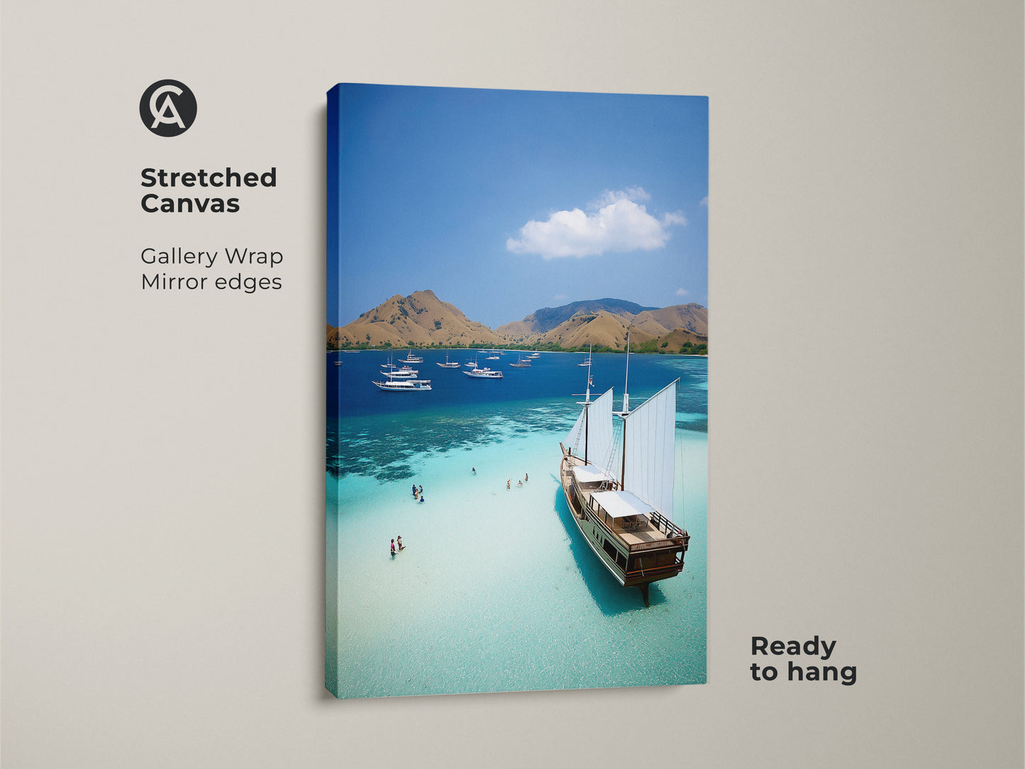 This stretched canvas presents an aerial view ocean scene. Sailboats glide on turquoise waters with mirror edges. Ready to hang this coastal landscape wall art. It will transform your space into a beach house decor dream. The tropical island artwork captures the beauty of a summer vacation.
