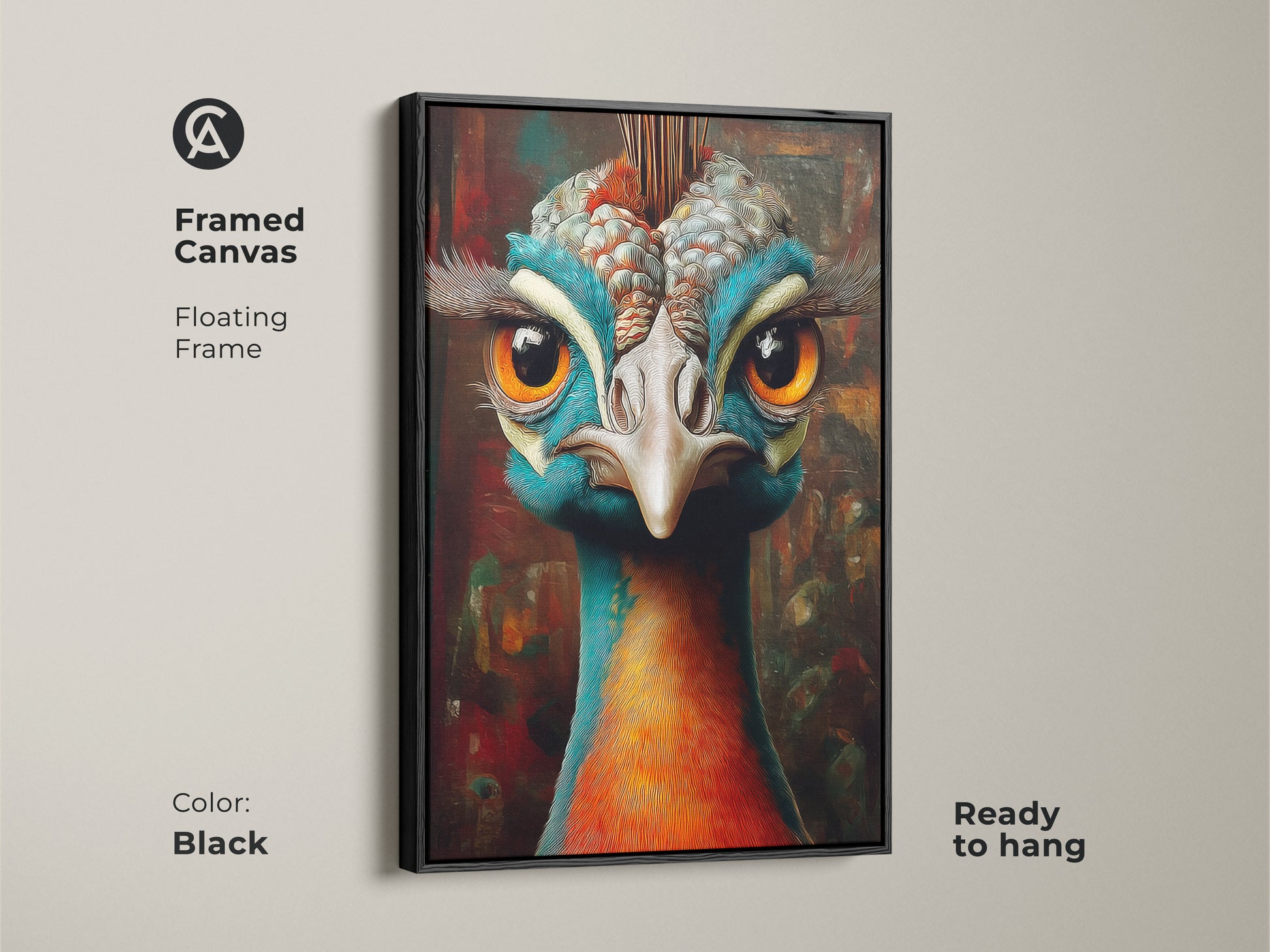 Framed canvas with a black floating frame of an ornate peacock painting. Ready to hang. This wall art bird brings an eclectic and whimsical charm to your living room.