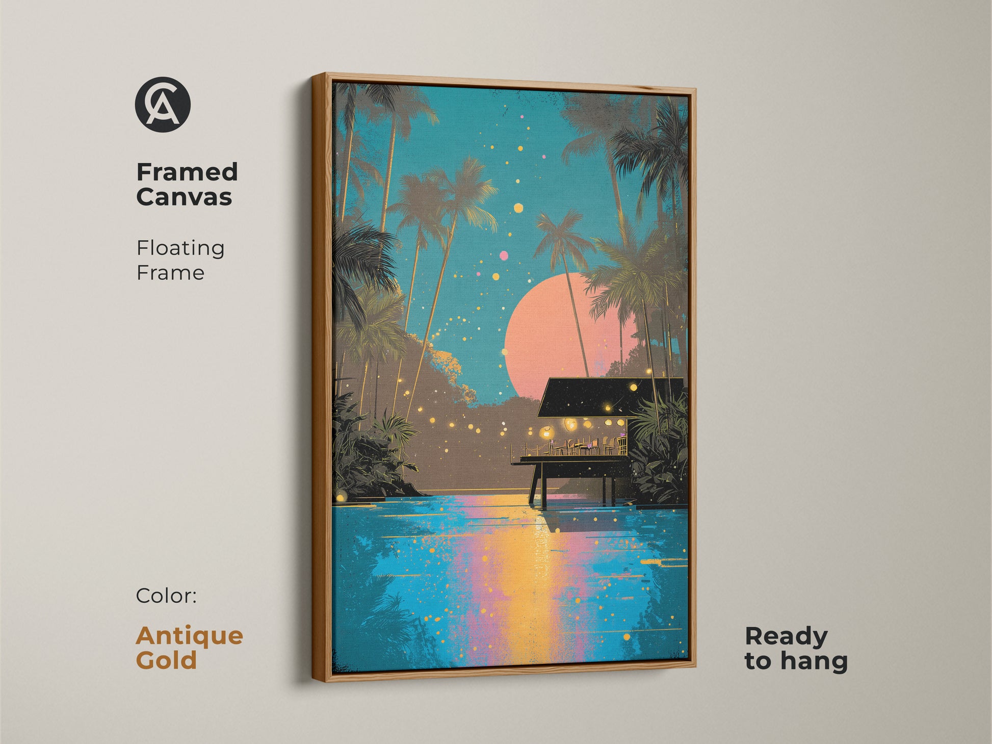 Framed canvas with an antique gold floating frame displaying a retro tropical night scene. Palm trees and a beach hut evoke a boho coastal feel. This ready to hang teal and pink artwork adds island charm to your home decor.