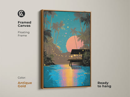 Framed canvas with an antique gold floating frame displaying a retro tropical night scene. Palm trees and a beach hut evoke a boho coastal feel. This ready to hang teal and pink artwork adds island charm to your home decor.