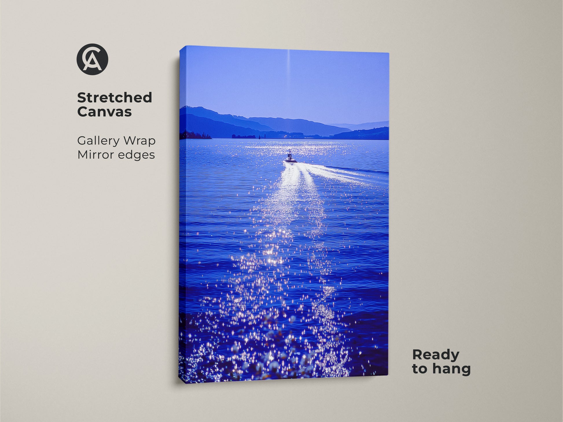 A stretched canvas gallery wrap print of a speedboat on a lake. The deep blue water sparkles in the sun. It's a ready to hang modern art piece perfect for travel lovers and housewarming gifts.