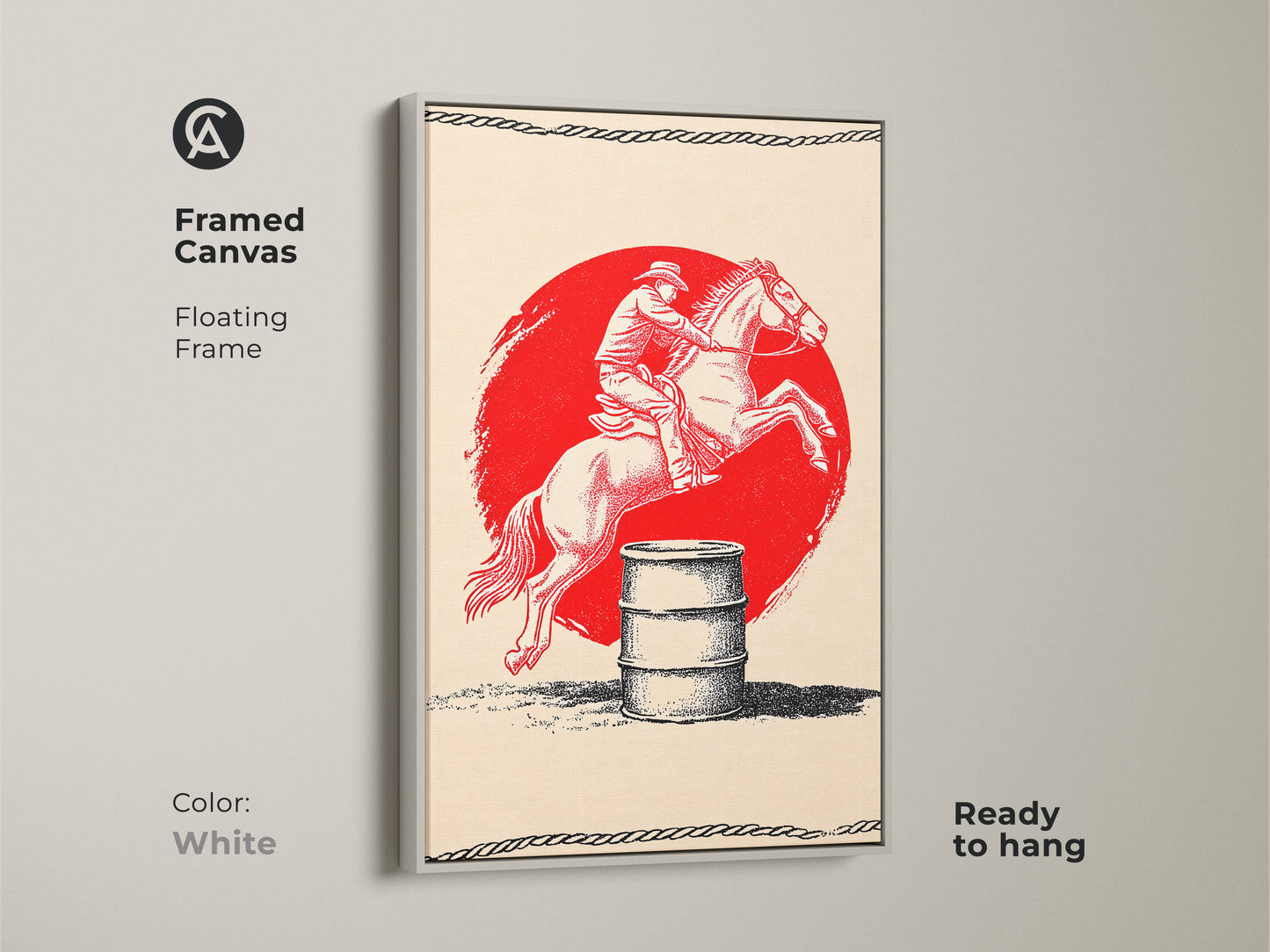 This framed canvas showcases cowboy barrel racing art. The white frame provides a clean modern look. The vintage horse rider print features red black and cream colors. Ready to hang this artwork adds a Wild West touch to any space. It is a great gift for cowboy lovers.