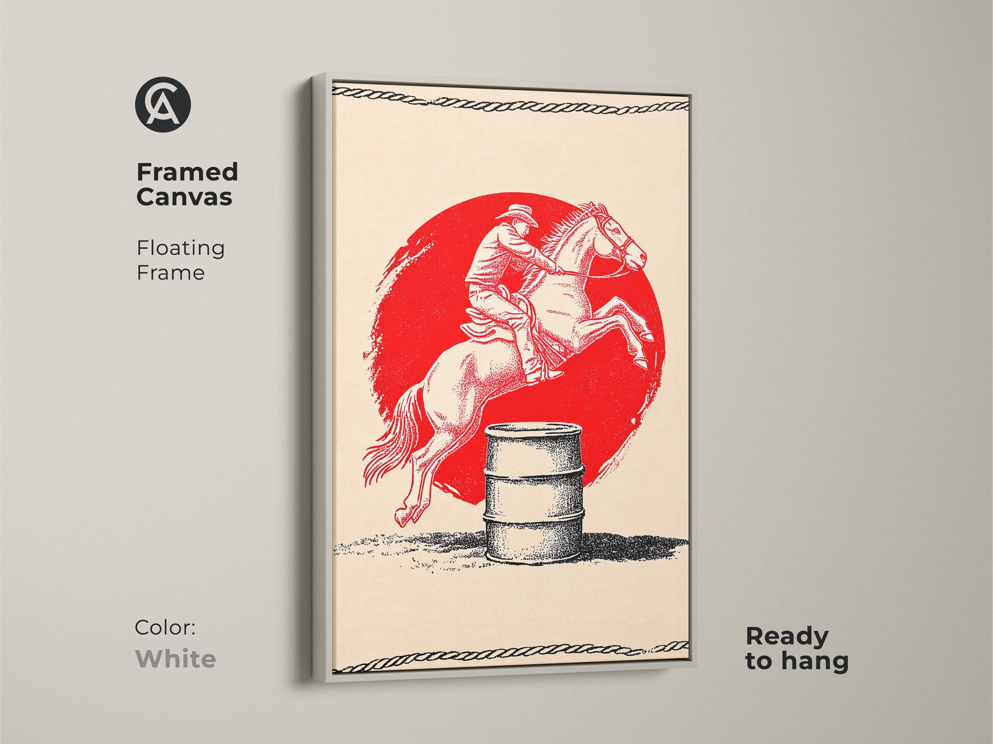 This framed canvas showcases cowboy barrel racing art. The white frame provides a clean modern look. The vintage horse rider print features red black and cream colors. Ready to hang this artwork adds a Wild West touch to any space. It is a great gift for cowboy lovers.