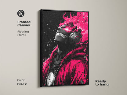 A framed canvas artwork with a black floating frame is ready to hang. The art displays a person with headphones and pink flames. This piece adds a contemporary touch to any room. Perfect for modern art lovers.
